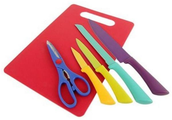1a-Handelsagentur Messer Set 6-tlg Schneidebrett Küchenmesser Brotmesser Kochmesser Allzweckmesser