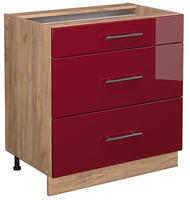 K&uuml;chenunterschrank Fame-line, Bordeaux Hochglanz, 80 Cm Mit 3 Schubladen, Ohne
