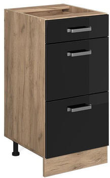 Livinity Küchenunterschrank R-Line, 40 cm mit Schubladen, ohne Arbeitsplatte, Schwarz Hochglanz/Goldkraft Eiche