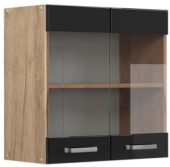 Livinity K&uuml;chenschrank Glas R-Line, 60 cm, Schwarz Hochglanz/Goldkraft Eiche