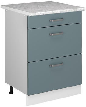 Livinity K&uuml;chenunterschrank R-Line, 60 cm mit Schubladen, und Arbeitsplatte, Blau-Grau/Wei&szlig;
