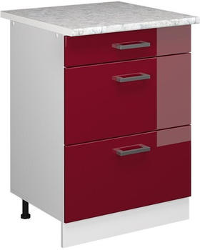 Livinity K&uuml;chenunterschrank R-Line, 60 cm mit Schubladen, und Arbeitsplatte, Bordeaux Hochglanz/Wei&szlig;