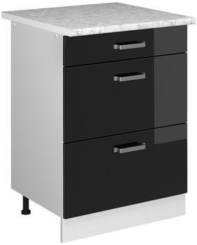 Livinity K&uuml;chenunterschrank R-Line, 60 cm mit Schubladen, und Arbeitsplatte, Schwarz Hochglanz/Wei&szlig;