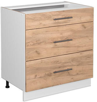 Livinity K&uuml;chenunterschrank Fame-Line, 80 cm mit 3 Schubladen, ohne Arbeitsplatte, Goldkraft Eiche/Wei&szlig;