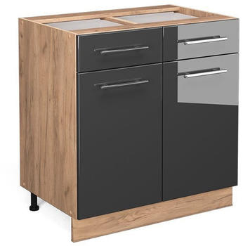 Livinity K&uuml;chenunterschrank Fame-Line, 80 cm mit Schubladen, ohne Arbeitsplatte, Anthrazit Hochglanz/Goldkraft Eiche