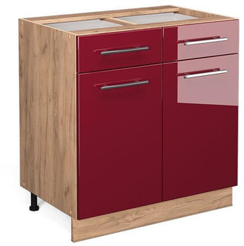 Livinity K&uuml;chenunterschrank Fame-Line, 80 cm ohne Arbeitsplatte, Bordeaux Hochglanz/Goldkraft Eiche