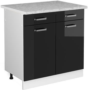 Livinity K&uuml;chenunterschrank R-Line, 80 cm mit Arbeitsplatte, Schwarz Hochglanz/Wei&szlig;