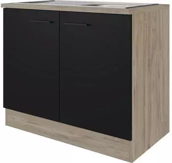 Flex-Well Sp&uuml;lenschrank inkl Sp&uuml;le Capri 100 x 60 x 85 cm Front schwarz matt Korpus wildeiche