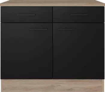 Flex-Well Unterschrank mit Schublade und Drehtür Capri 100 x 60 x 85 cm Front schwarz matt Korpus wildeiche