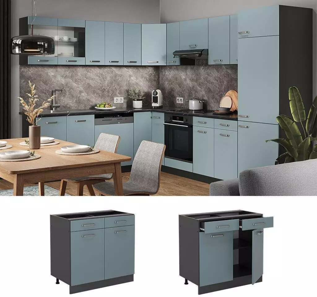 VICCO Küchenunterschrank R-Line 80 cm ohne Arbeitsplatte Blau-Grau/Anthrazit Küchenunterschrank