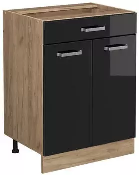 VICCO K&uuml;chenunterschrank R-Line 60 cm mit Schublade ohne Arbeitsplatte Schwarz Hochglanz/Gold Eiche