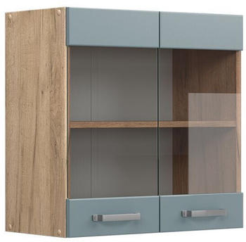 Livinity K&uuml;chenschrank Glas R-Line, 60 cm, Blau-Grau/Goldkraft Eiche