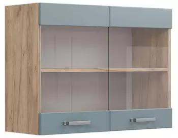 Livinity K&uuml;chenschrank Glas R-Line, 80 cm, Blau-Grau/Goldkraft Eiche