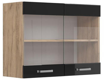 Livinity K&uuml;chenschrank Glas R-Line, 80 cm, Schwarz Hochglanz/Goldkraft Eiche
