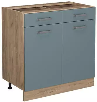 Livinity K&uuml;chenunterschrank R-Line, 80 cm ohne Arbeitsplatte, Blau-Grau/Goldkraft Eiche