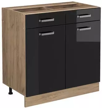 Livinity K&uuml;chenunterschrank R-Line, 80 cm ohne Arbeitsplatte, Schwarz Hochglanz/Goldkraft Eiche