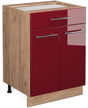 Livinity Küchenunterschrank Fame-Line, 60 cm mit Schublade, ohne Arbeitsplatte, Bordeaux Hochglanz/Goldkraft Eiche