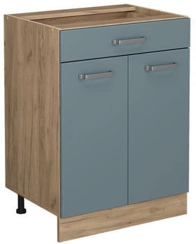 Livinity K&uuml;chenunterschrank R-Line, 60 cm mit Schublade, ohne Arbeitsplatte, Blau-Grau/Goldkraft Eiche