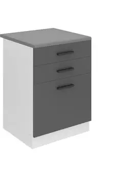 Belini Unterschrank Küche 60 cm Breite. SDSZ Küchenunterschrank mit Arbeitsplatte. Küchenschrank mit Schubladen, Silber matt