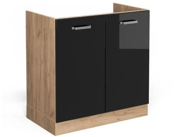 Livinity Sp&uuml;lenunterschrank R-Line, 80 cm ohne Arbeitsplatte, Schwarz Hochglanz/Goldkraft Eiche