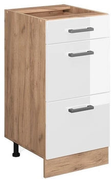 Livinity K&uuml;chenunterschrank R-Line, 40 cm mit Schubladen, ohne Arbeitsplatte, Wei&szlig; Hochglanz/Goldkraft Eiche