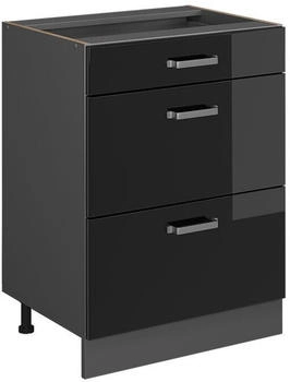 Livinity K&uuml;chenunterschrank R-Line, 60 cm mit Schubladen, ohne Arbeitsplatte, Schwarz Hochglanz/Anthrazit