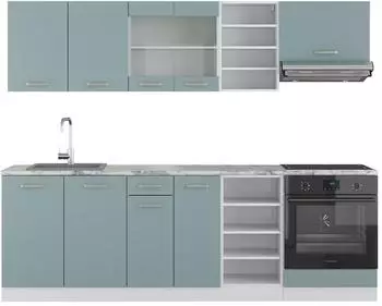 VICCO R-Line Blau-Grau/Wei&szlig; 240 cm AP Marmor Blau-Grau | Front: Blau-Grau | Arbeitsplatte: Wei&szlig;-Marmor 240 cm x 81.6 cm x 60 cm (16306)