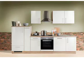 Menke Küchenblock Premium Weiß Hochglanz / Sonoma Eiche 310 cm mit Elektrogeräten (000208006102)