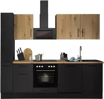 Stella Trading Turin Moderne mit Elektrogeräten in Schwarz Artisan Eiche Optik - Geräumige Einbauküche mit viel Stauraum - 250 x 211 x 60 cm (B/H/T) (8G-QB6-Z0)