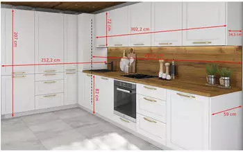 Feldmann-Wohnen Küchenleerblock Grau Weiß Metall L-Form echteckig 212x207x392 cm Küchen Küchenzeilen & Küchenblöcke Küchenzeilen ohne Geräte (800000644115)