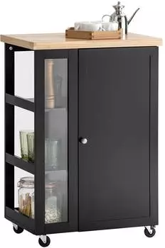 SoBuy FKW75-SCH K&uuml;chenwagen Servierwagen Beistellwagen Rollwagen mit 1 T&uuml;r und 3 Regalb&ouml;den Schwarz BHT ca.: 60x90x40cm