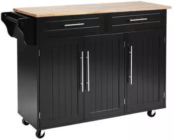 Costway Küchenwagen auf Rollen, Servierwagen Küche, Küchentrolley mit Schubladen, Beistellwagen Buffetschrank Holz, mit Arbeitsplatte (Schwarz)