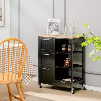 Costway Küchenwagen mit Tablett, Regalen und 3 großen Schubladen, rollbar, aus Kautschukholz, Servierwagen 67 x 37 x 82,5 cm (Schwarz)