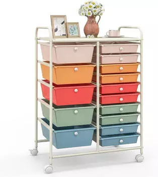 Costway Rollwagen mit 15 stapelbaren Schubladen, Rollcontainer 63x37x87cm, bunt