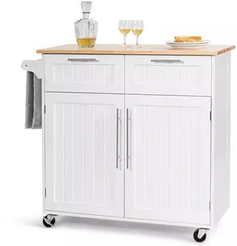 Costway Küchenwagen mit Arbeitsplatte, 2 Schubladen Türen & Handtuchhalter, Servierwagen Holz mit Rollen, 94x45,5x94,5cm, weiß