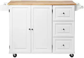 Costway Küchenwagen rollbar, mit Handtuchhalter, aus Holz, Servierwagen weiß, Kücheninselwagen, Mikrowellenwagen, Sideboard 135x76x91cm