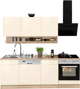 Held M&ouml;bel Virginia Breite 220 cm wahlweise mit oder ohne E-Ger&auml;te Front: creme Hochglanz | Korpus: eiche sonoma | Arbeitsplatte: eiche sonoma (90215357)