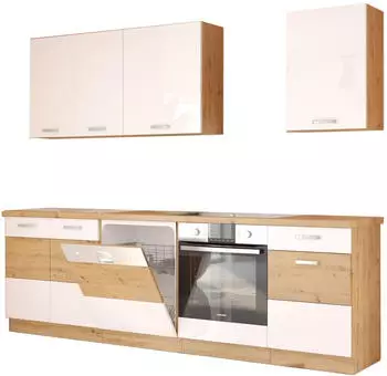 K&uuml;chenpreis-Bombe K&uuml;chenzeile Eiche Artisan / Wei&szlig; Hochglanz 250cm