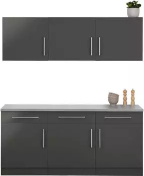 Wiho K&uuml;chen Cali K&uuml;chenzeile 180cm Front anthrazit Glanz, Arbeitsplatte Canvas Grau, ohne E-Ger&auml;te