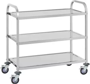 Edelstahl Servierwagen mit drei Ablagen und Rollen f&uuml;r einfache Mobilit&auml;t, ideal f&uuml;r Gastronomie und Veranstaltungen.