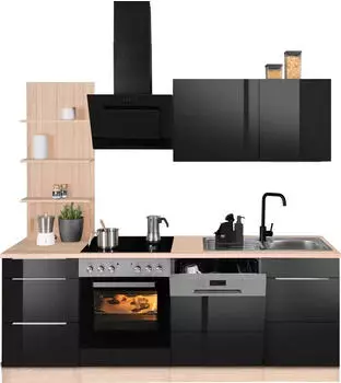 Kochstation K&uuml;chenzeile KS-Brindisi 220 cm schwarz Hochglanz/eiche sonoma-eichefarben (71161464)