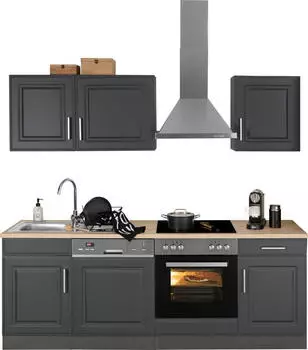 Held M&ouml;bel Stockholm Breite 220 cm mit hochwertigen MDF Fronten im Landhaus-Stil Front: grau | Korpus: grafit | Arbeitsplatte: eichefarben (58724540)