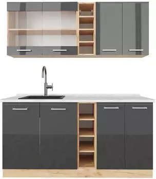 VICCO R-Line Singlek&uuml;che Anthrazit Hochglanz/Goldkraft Eiche 160 cm AP Marmor (800000826842)