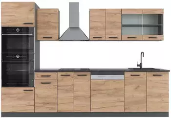 VICCO R-Line Goldkraft Eiche/Anthrazit 300 cm mit Hochschrank AP Anthrazit Opt 2
