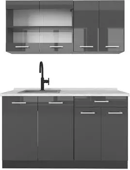 VICCO Singlek&uuml;che R-Line Anthrazit Hochglanz/Anthrazit 140 cm Arbeitsplatte Marmor (26194)