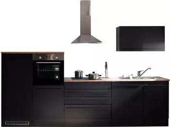 Basic By Balculina Jazz K&uuml;chenzeile mit E-Ger&auml;ten, schwarz matt, Lanzelot Eiche, 320cm (001279005213)