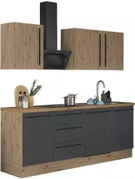 Kochstation Florida K&uuml;chenzeile 220cm schwarz matt / Artisan Eiche