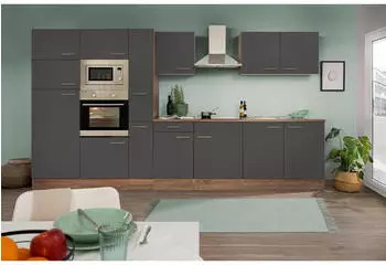 Respekta K&uuml;chenzeile/K&uuml;chenblock (ohne E-Ger&auml;te) 360 cm Grau Seidengl.-Eiche York