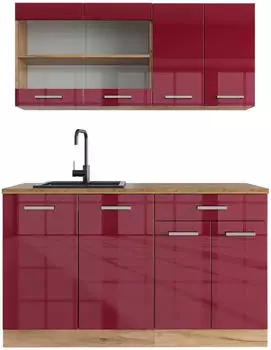VICCO K&uuml;chenblock R-Line Single Front Bordeaux Hochglanz/Goldkraft Eiche (1513)
