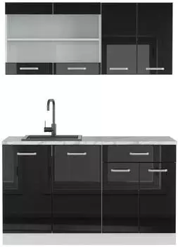 VICCO R-Line Schwarz Hochglanz/Wei&szlig; 140 cm AP Marmor Front: Schwarz Hochglanz | Arbeitsplatte: Wei&szlig;-Marmor (16283)